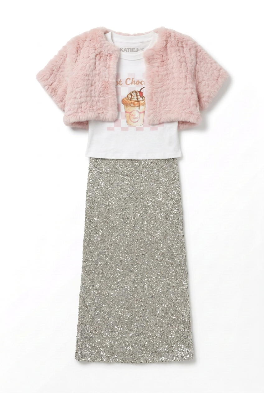 Outfit flat lay with a baby tee, cropped pink bolero, and silver sequin maxi skirt