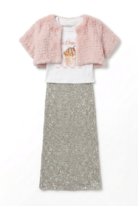 Outfit flat lay with a baby tee, cropped pink bolero, and silver sequin maxi skirt